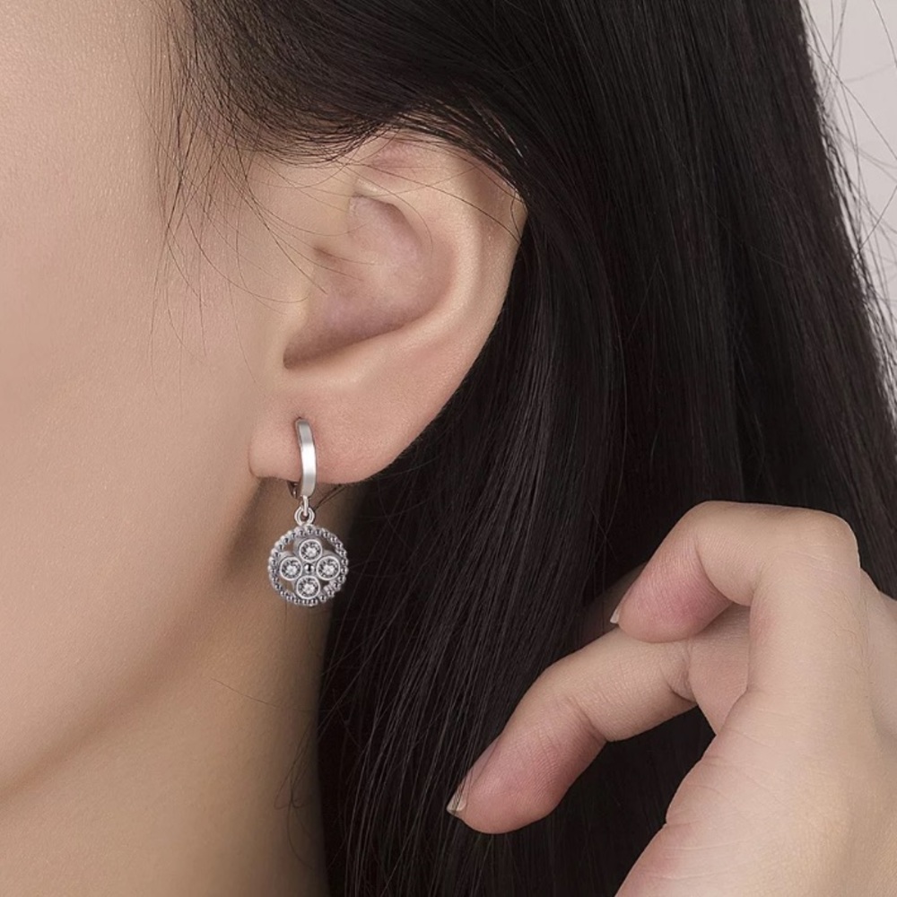 Sterling Silver Diamond Drop Earrings Huggie Hoop - Picture 3 of 4